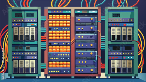 Server room setup with multiple server racks and wires in a technology environment during evening hours