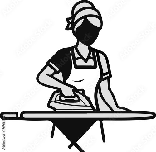 Stylized person irons clothes on a board with an appliance