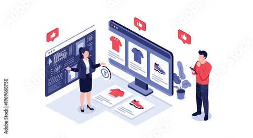 Man and woman interacting with a large computer monitor displaying an online clothing store for an isometric e-commerce concept.