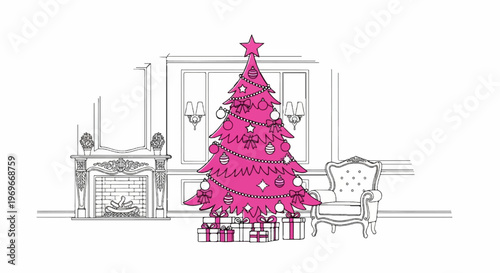 Stylized pink Christmas tree with presents sits in a room with a fireplace and armchair