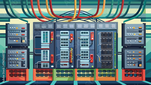 Network server room setup with multiple racks, cables, and control panels during daytime