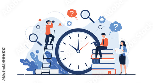 Group of business people performing various tasks like climbing a ladder and reading around a large central clock for time management.