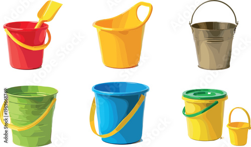 Illustration of Colorful Plastic and Metal Buckets with Handles, Featuring Red, Yellow, Green, Blue, and Metal Variants