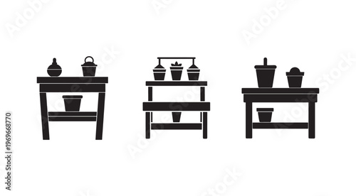 Set of three black silhouettes of wooden tables with various pots and planters on them for gardening or home decor  isolated on white background