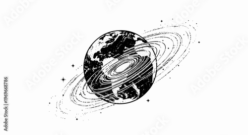 Stylized planet with swirling rings and stars in a cosmic scene