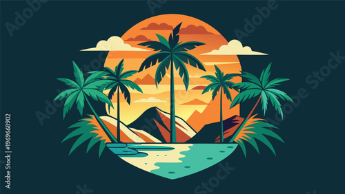 Sunset with palm trees and mountains over calm water in a tropical landscape scene