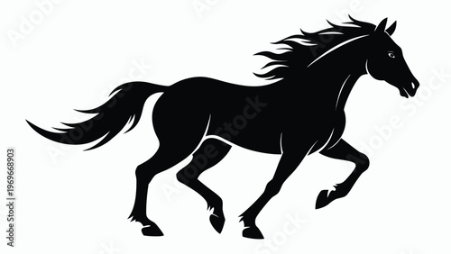 Black horse running in an open area with flowing mane and tail under a clear sky