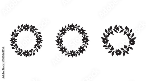 Set of three circular floral wreaths made of leaves and flowers for decoration and design  isolated on white background