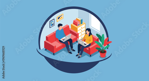 Isometric view of a man and woman sitting on separate sofas and working on their laptops in a cozy room inside a circle.