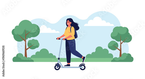 Young woman wearing a backpack smiling while riding an electric scooter through a green park with trees and bushes.