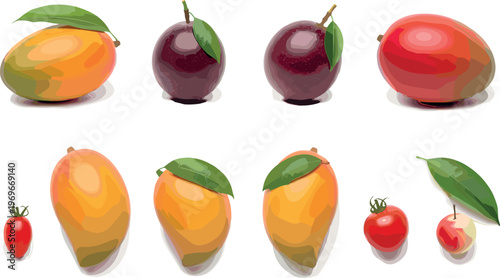 Illustration of Mangoes, Plums, and Tomatoes with Fresh Green Leaves, Featuring Different Colors and Shapes