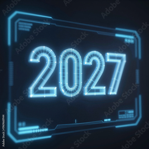 Futuristic Neon Blue 2027 Projection on High-Tech HUD Interface