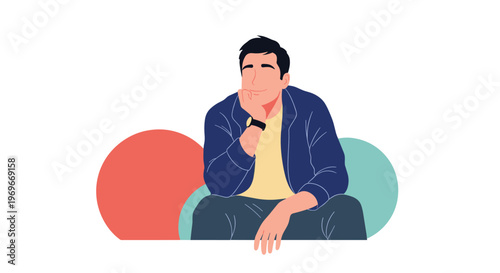 Young man in a blue jacket sitting with his chin in his hand lost in thought or dreaming against an abstract background.