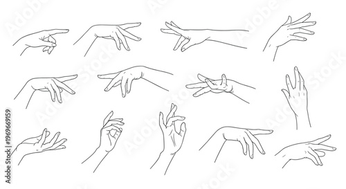 Collection of various hand-drawn sketches showing different hand gestures like pointing, reaching, and open palms.