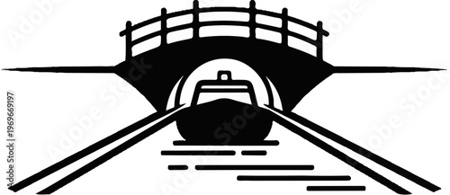 Stylized silhouetted boat passes under a bridge on a waterway
