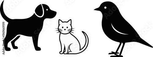 Stylized silhouettes of a dog, cat, and bird are displayed side-by-side