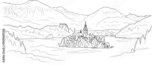 Stylized sketch of a scenic island village with mountains and water