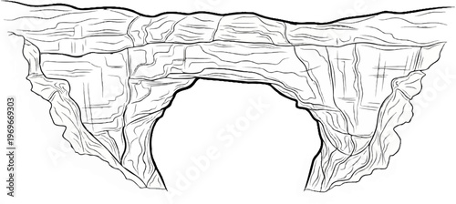 Stylized sketch of a rock archway with striated texture and flowing lines