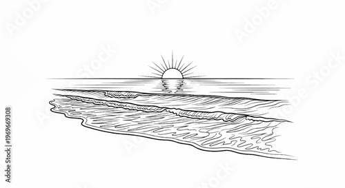 Stylized sketch of a sun setting over ocean waves with reflection