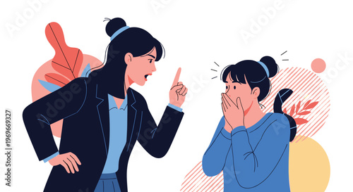 Angry woman in a dark suit pointing her finger and shouting at a younger woman who looks shocked with her hands over her mouth.