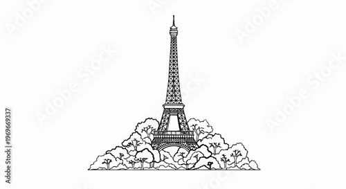 Stylized sketch of an iconic tower surrounded by trees