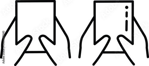 hands holding smartphone line icon modern device symbol, minimal phone interaction outline vector illustration, clean mobile device hands icon isolated on white