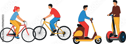 Illustration of People Riding Bicycles and Scooters, Ideal for Transportation, Lifestyle, and Eco-Friendly Commuting Designs