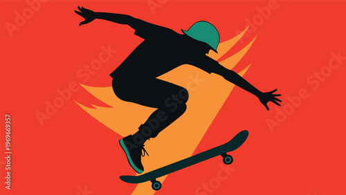 Skater performing a trick on a skateboard with a bright background in a creative design setting