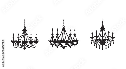 Set of three elegant hanging chandeliers with intricate designs and multiple light holders in classic stylish silhouettes