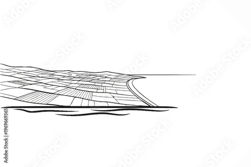 Stylized sketch of rolling fields and a winding path under an empty sky
