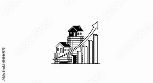 Stylized sketch of houses on stacked coins with an upward trend arrow and bars