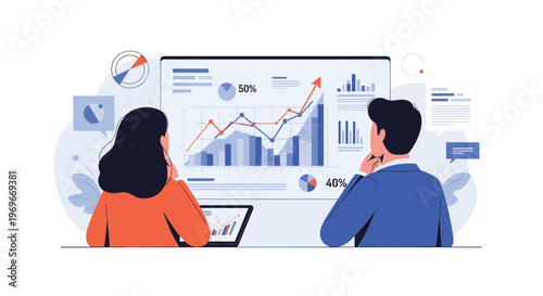 Back view of a man and a woman sitting and analyzing complex financial data and charts displayed on a large digital dashboard.