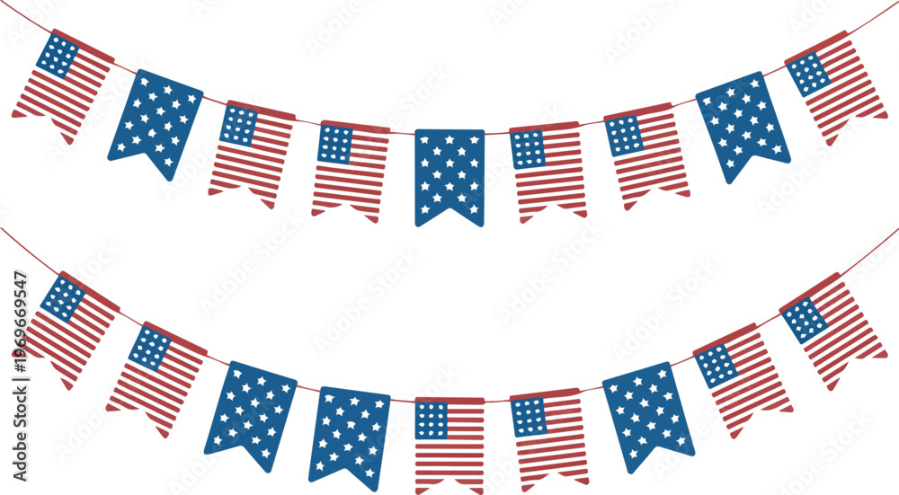 Obraz premium Patriotic American Flag Bunting Banner Vector Set Featuring US Stars And Stripes Pennants For Fourth Of July Independence Day Celebration Decor