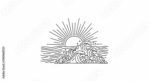Stylized sunrise over ocean waves crashing against rocks