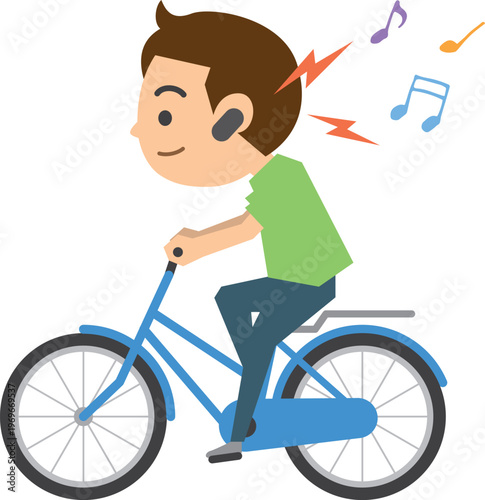 イヤホンで音楽を聴きながら自転車を運転する男性のイメージイラスト