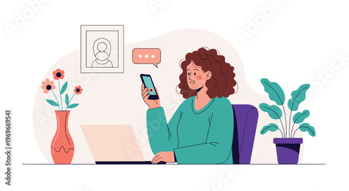 Professional woman working from home using her laptop and checking messages on a smartphone at a cozy desk with plants.