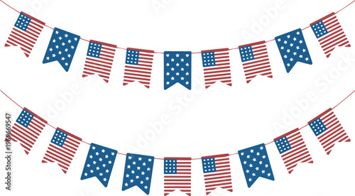 Patriotic American Flag Bunting Banner Vector Set Featuring US Stars And Stripes Pennants For Fourth Of July Independence Day Celebration Decor