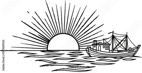 Stylized sunrise over ocean with fishing boat