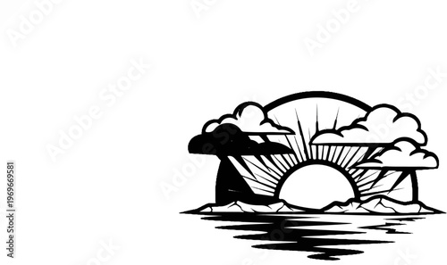 Stylized sunrise over water with mountains and clouds