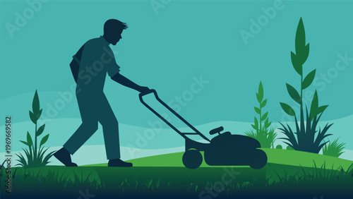 Man mowing grass in a garden during daylight hours to maintain lawn health and appearance