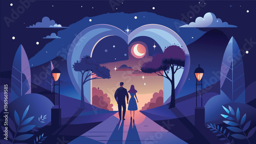 Couple walks together under a starry sky towards a heart-shaped arch in a sunset scene with trees and lanterns