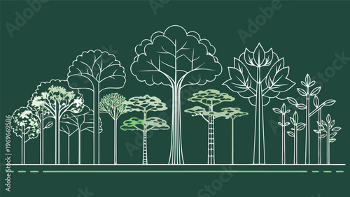 Nature shows different types of trees in a simple line drawing style on a dark green background in a modern design