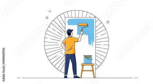 Professional male painter using a roller to apply blue paint to a white wall in a room for home renovation projects.
