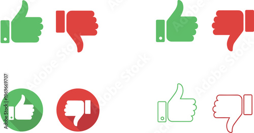 Illustration of Thumbs Up and Thumbs Down Icons in Various Styles, Ideal for Social Media, Feedback, and Rating Themed Designs