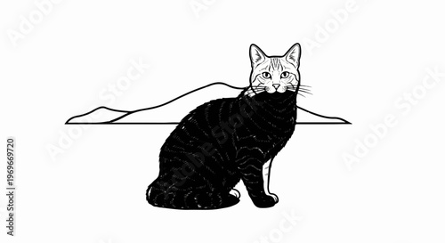 Stylized tabby cat sits before a minimalist mountain range