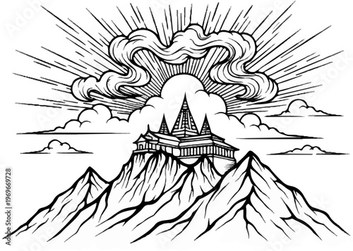 Stylized temple atop mountains, with sunburst and clouds