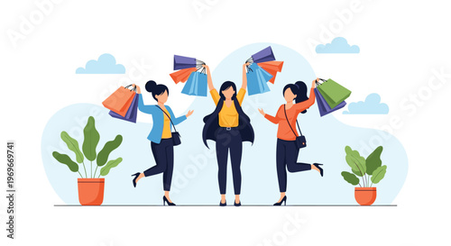 Group of three joyful young women celebrating a successful shopping trip holding many colorful bags in a bright setting.
