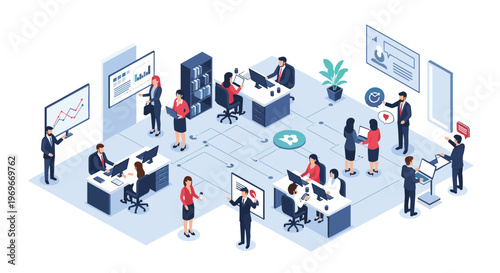 High-angle isometric view of a busy corporate office floor with employees working at desks and collaborating on projects.