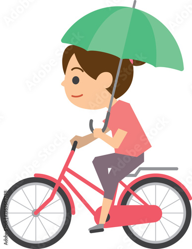 傘を差して自転車を運転している女性のイメージイラスト