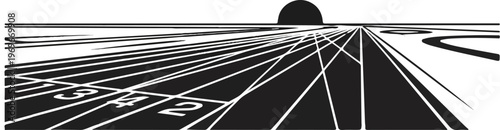 Stylized track lanes recede to a distant sun-like circle horizon